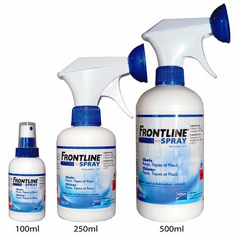 Sprays para pulgas da linha de frente: 100, 250 e 500 ml.