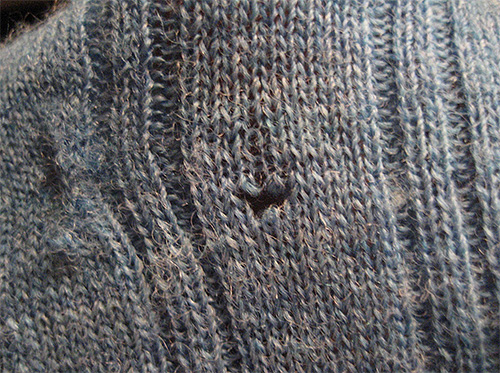 Questo buco nel maglione è stato lasciato da larve di falena dei vestiti.