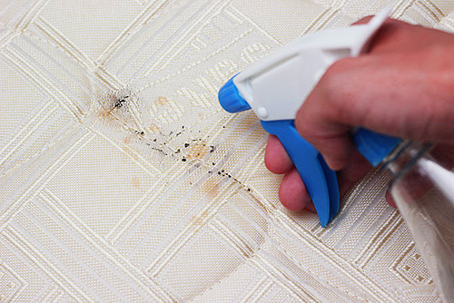 An example of spraying a bedbug spray on a bed mattress