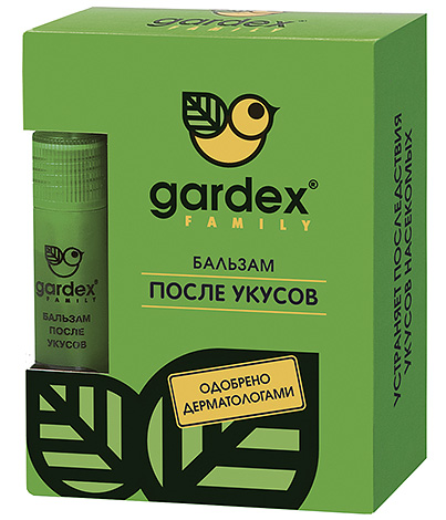 Le baume après les piqûres d'insectes Gardex Family aidera dans le cas où la zone touchée démange insupportablement.