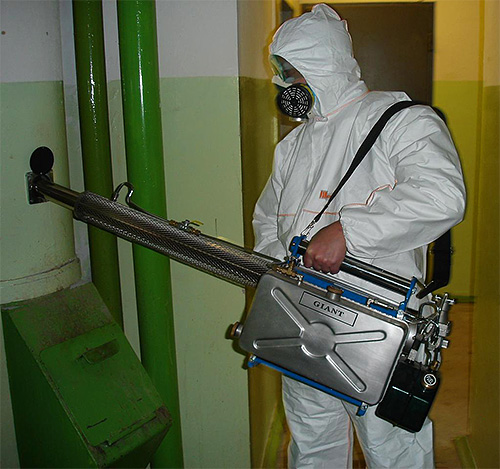 The photo shows a pest control worker with a hot mist generator.